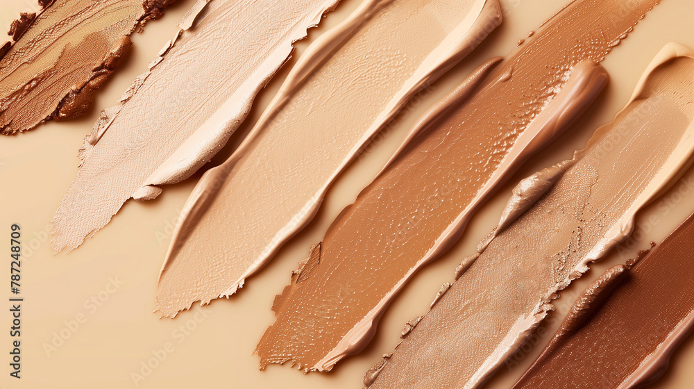 Streaks of various shades of foundation makeup on a creamy surface. Streaks of various shades of foundation makeup on a creamy surface.