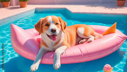 Happy dog on holiday in the pool. Cute dog swimming on a mattress in the pool