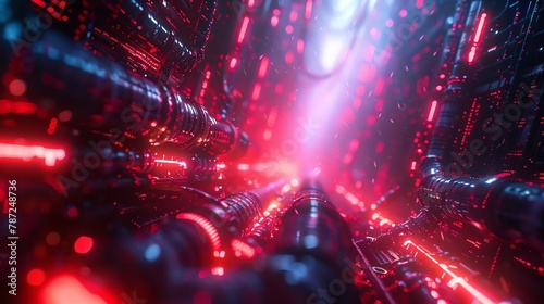 Envision a spine-chilling Neon Maze Chase with a trapped character hunted by digital specters, from a disorienting, unexpected low-angle view Merge futuristic visuals with heart-pounding suspense