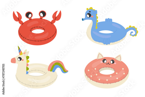 Cartoon swim rings, pool games rubber toys, colorful lifebuoys. Swimming circles, cute pool crab, unicorn, pineapple, mermaid, watermelon, donut, seahorse, cat.