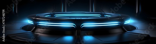 Futuristic Sci-Fi Room With Holographic Lights on Dark Central Podium,Advanced Minimalist Digital Showcase © yelosole