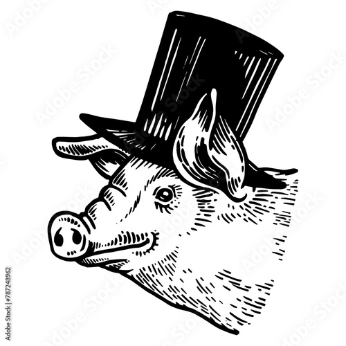 Fotografie Pig animal in cylinder top hat engraving PNG illustration