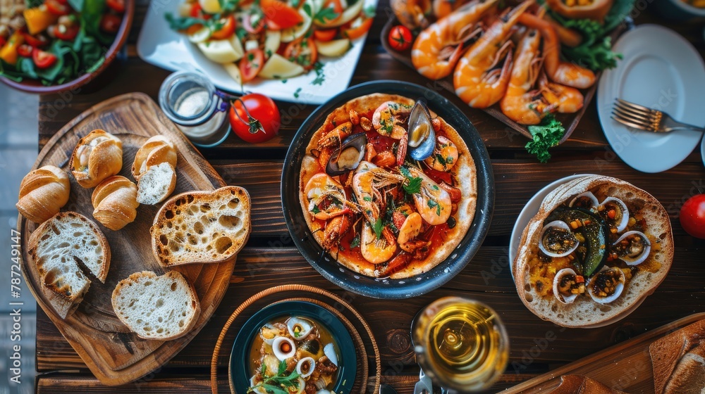 Spanish cuisine on the table with different seafood dishes, tapas, paella and fresh bread Spanish cuisine on the table with different seafood dishes, tapas, paella and fresh bread