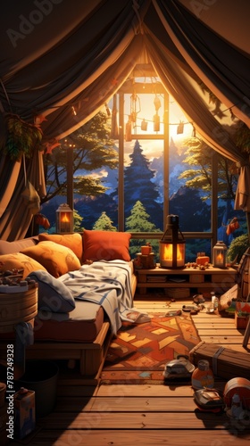 Cozy bedroom interior with a view of the forest outside