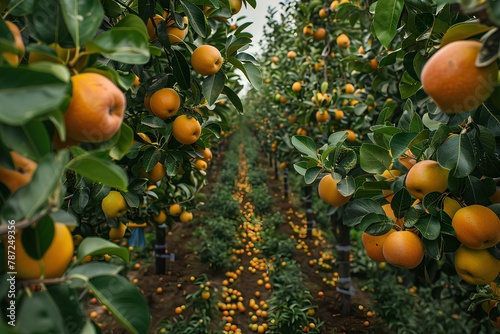 A grove of orange trees with lots of oranges growing on them and in the trees with lots of oranges