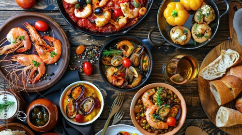Spanish cuisine on the table with different seafood dishes, tapas, paella and fresh bread 