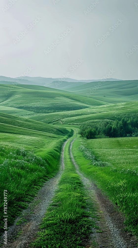 Countryside dirt road through green rolling hills Countryside dirt road through green rolling hills