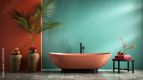 Freestanding bathtub in a bright and colorful bathroom