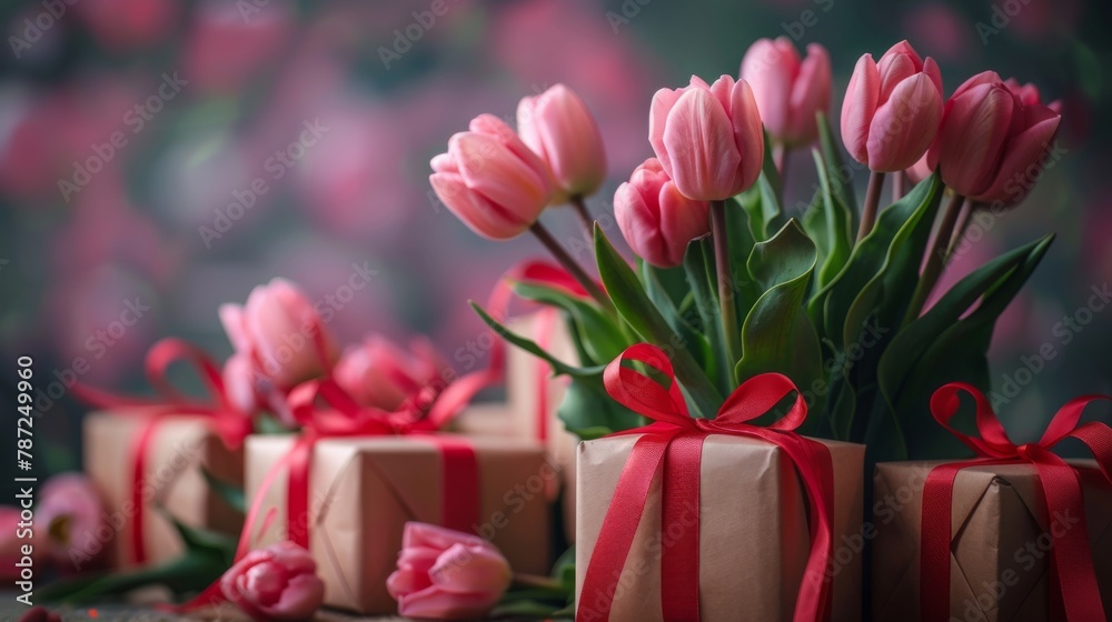 Pink Tulips and Gifts with Red Ribbons - Mother’s Day Celebration - Symbolic Gestures of Love - Festive Elegance - Generative AI