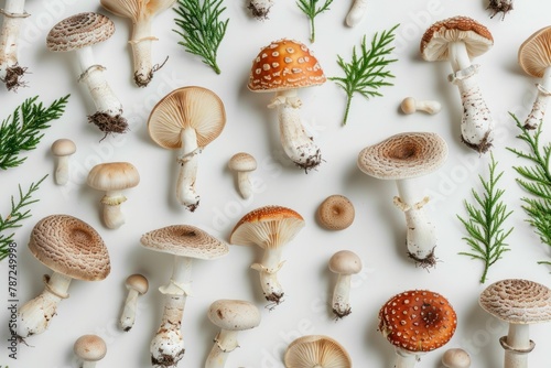 Various types of mushrooms on white surface with pine trees, top view flat lay