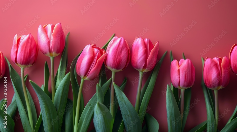 Row of Pink Tulips on Red Background - Vibrant Spring Beauty - Perfect Mother’s Day Bouquet - Floral Elegance - Generative AI