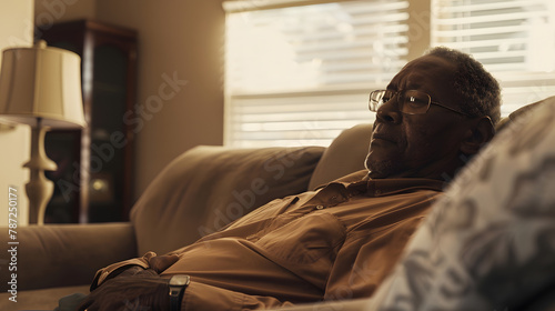 Senior biracial man relaxing at home with copy space he exudes comfort and ease in a welllit living space : Generative AI
