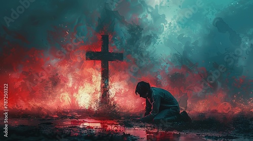Man kneeling and praying in front of the cross. Digital watercolor painting photo