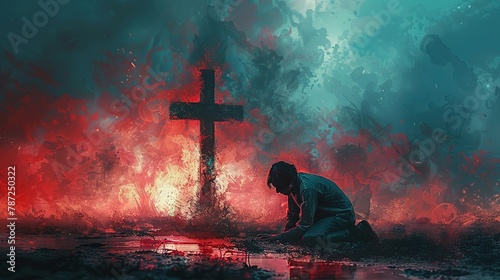 Man kneeling and praying in front of the cross. Digital watercolor painting