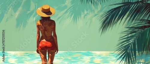 Woman Gazing at Sea - Summer Solitude - Relaxation and Calm - Summer Design - Generative AI