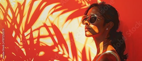 Silhouette in Sunset Hues - Woman in Sunglasses Shadowed by Tropical Leaves - Vibrant Summer Energy - Generative AI