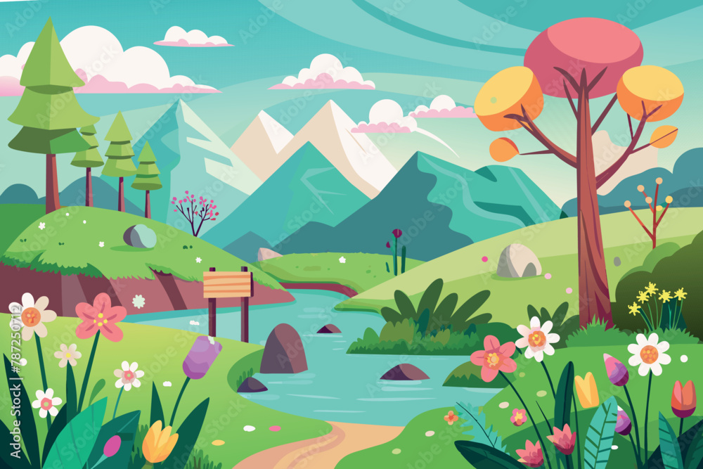 Naklejka premium Spring Landscape cartoon vector Illustration flat style artwork concept