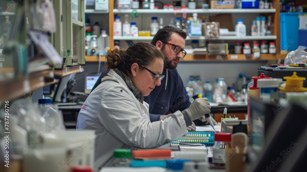 A candid shot of a man and a woman working together at a cluttered lab bench, conducting experiments and brainstorming for their research