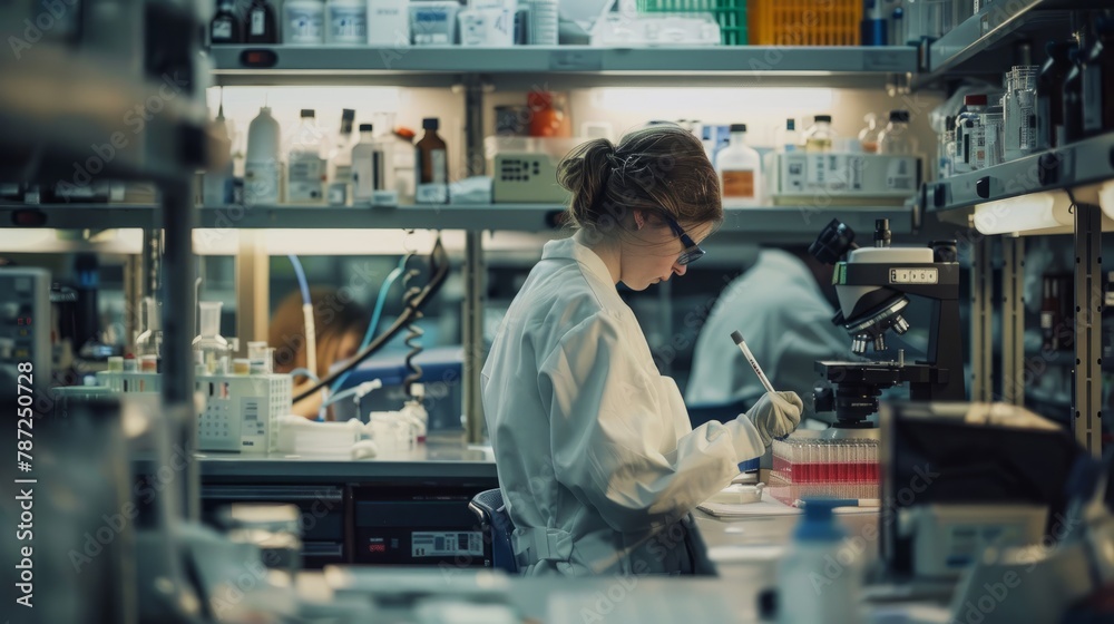 A woman in a lab coat conducting experiments and analyzing samples in a busy laboratory setting filled with equipment