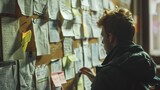 A man sitting in front of a wall filled with colorful sticky notes, appears to be reading or arranging them