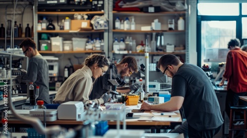 Multiple researchers working together at a cluttered laboratory bench, engaged in experiments and brainstorming for scientific discovery