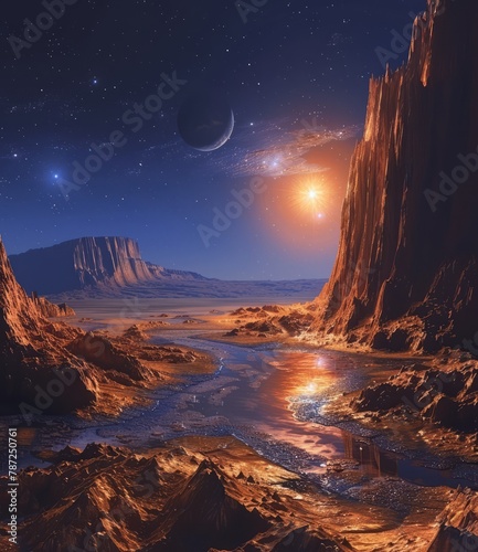 An illustration of a beautiful alien planet landscape with a river running through it