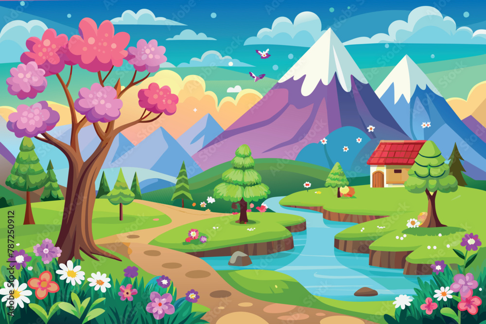 Fototapeta premium Spring Landscape cartoon vector Illustration flat style artwork concept