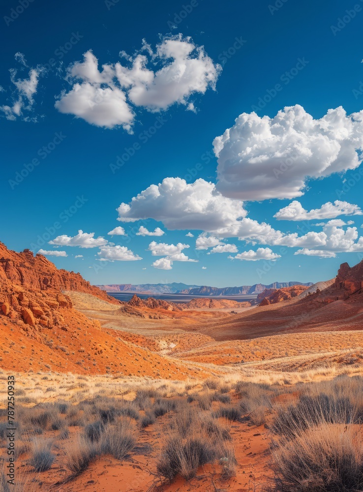 A vast desert landscape with red rocks and blue sky A vast desert landscape with red rocks and blue sky