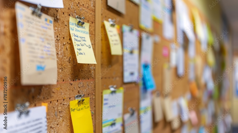 Close-up of a cork board covered in colorful sticky notes displaying various tasks and reminders