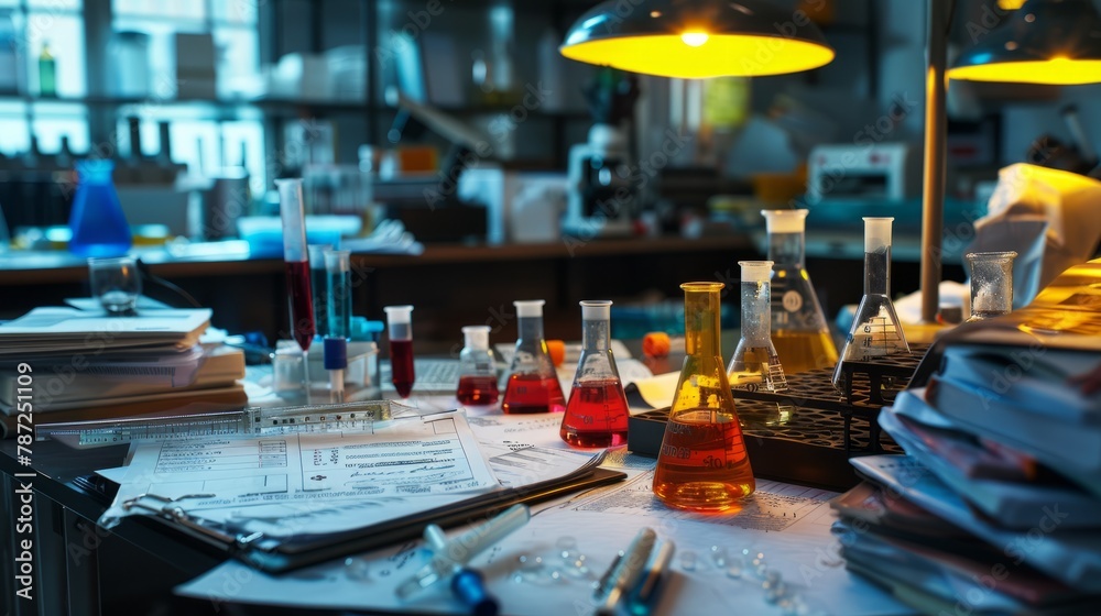 A table in a cluttered laboratory is filled with numerous bottles containing various liquids, creating a scene of scientific experimentation and research