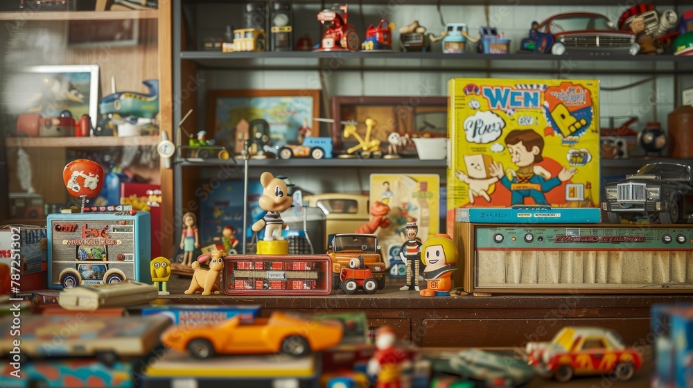 Various toys and games are neatly arranged on a table, showcasing a mix of vintage and modern elements