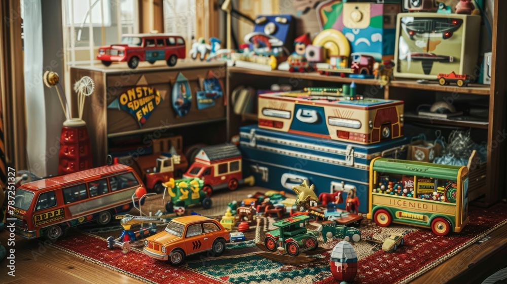 Various toy cars and trucks are neatly arranged on a tabletop