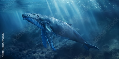 Majestic humpback whale glides through the deep blue sea with beams of sunlight illuminating from above © gunzexx png and bg