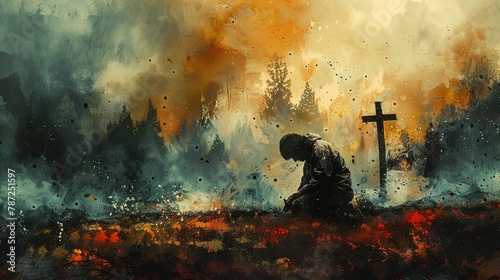 Man kneeling and praying in front of the cross. Digital watercolor painting photo