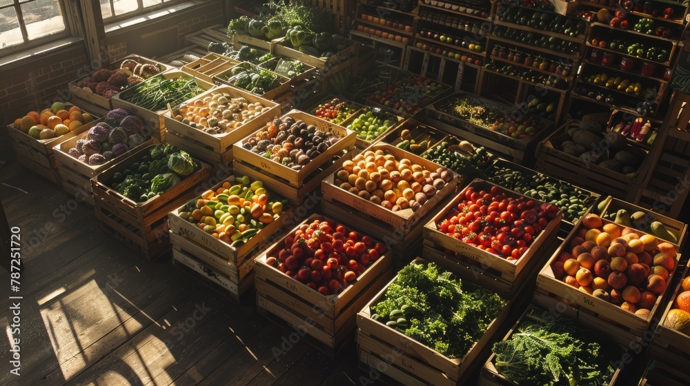 A high-angle view capturing a vast display of assorted fruits and vegetables neatly packed in wooden crates