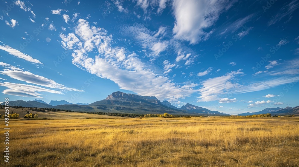 Wide open field with mountains towering in the background, showcasing the vastness of the landscape