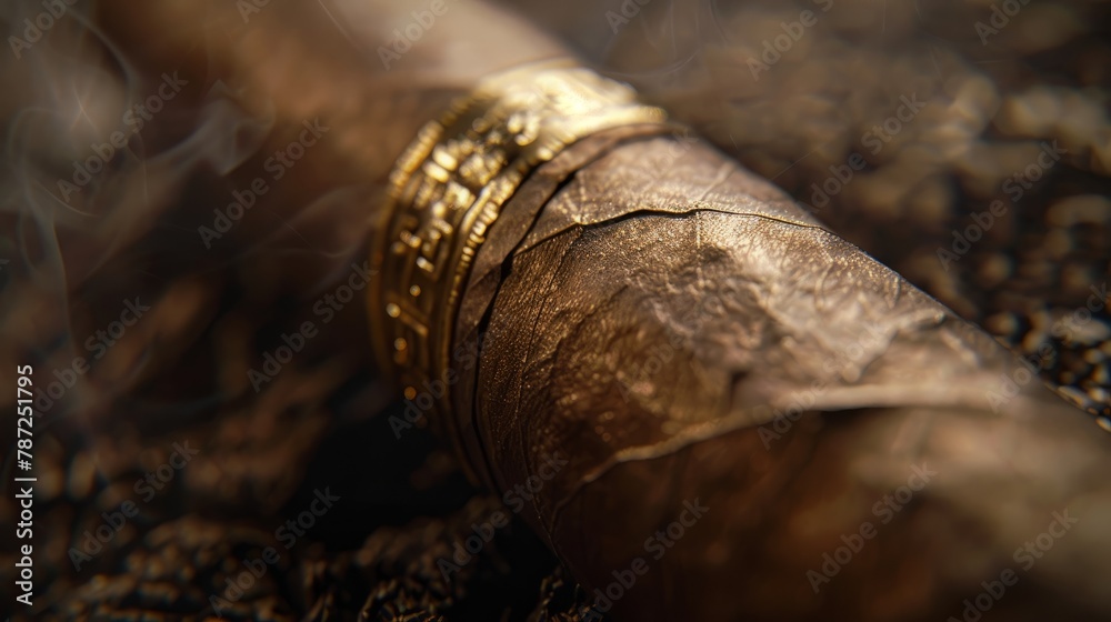 Close-up of a cigar resting on a wooden table, showing texture and color details