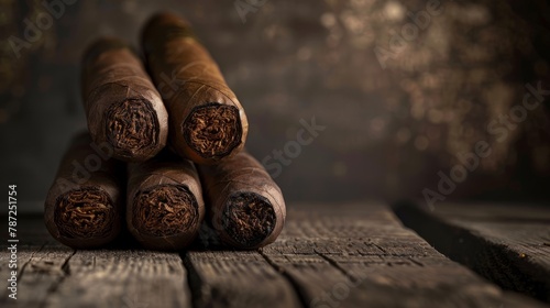 A close-up of a pile of cigars neatly arranged on a wooden table against a dark background