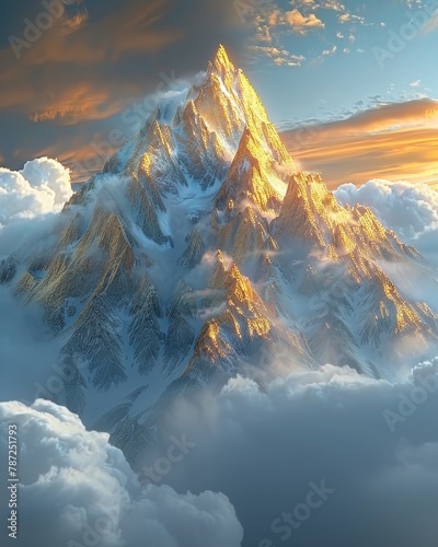 Close-up delight: A mountain made of golden, contrasted with the blue sky surrounded by clouds, fantasy in every detail, Surealistic, fantasy