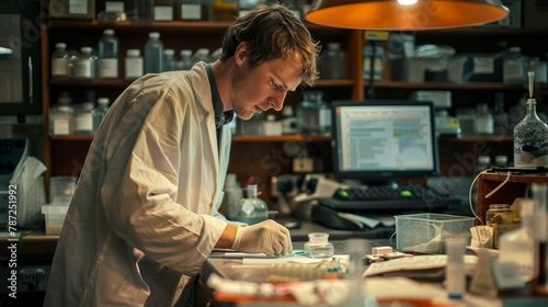 A man in a lab coat works intently on a piece of paper at a cluttered laboratory bench filled with equipment and papers