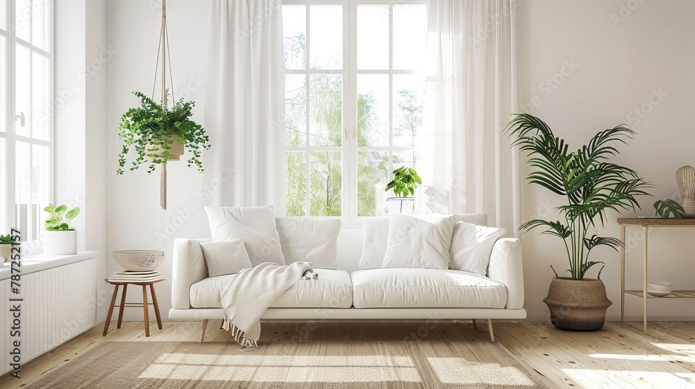 Fototapeta premium stylish scandinavian living room interior with design sofa plants and decor bright modern home