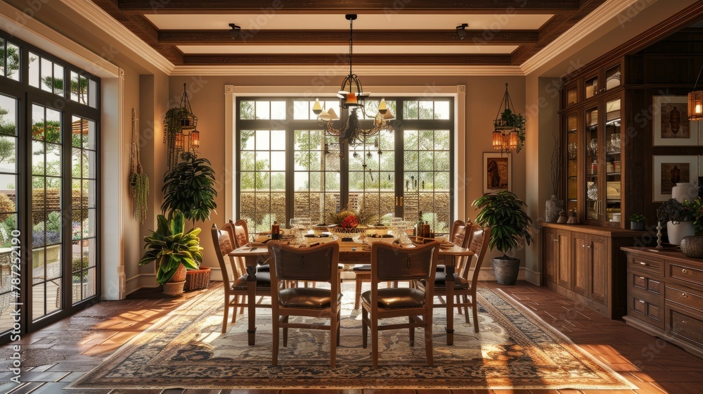 A cozy dining room featuring a rustic table and chairs positioned centrally in the room
