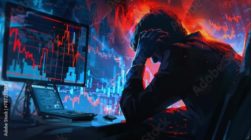 stressed businessman in panic watching stock market crash on computer screen financial crisis concept digital painting