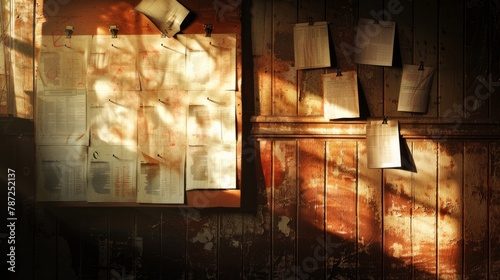 Bulletin board on a wall with papers pinned and a lamp illuminating them  casting shadows and highlights