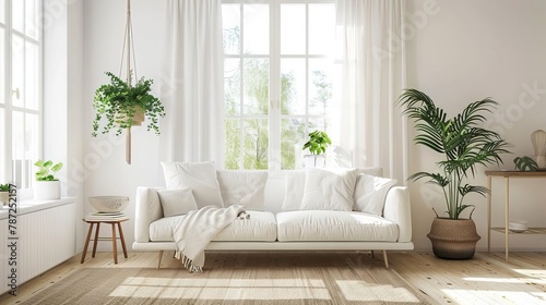 stylish scandinavian living room interior with design sofa plants and decor bright modern home