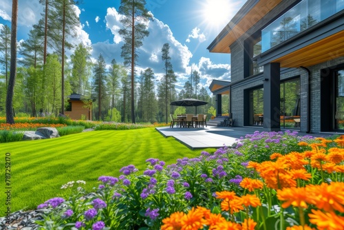 Modern House with Beautiful Garden and Flowers