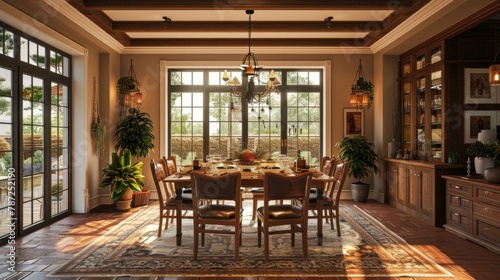 A cozy dining room featuring a rustic table and chairs positioned centrally in the room