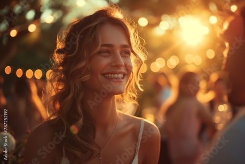 A cheerful woman with a bright smile enjoys a celebration with happy people around