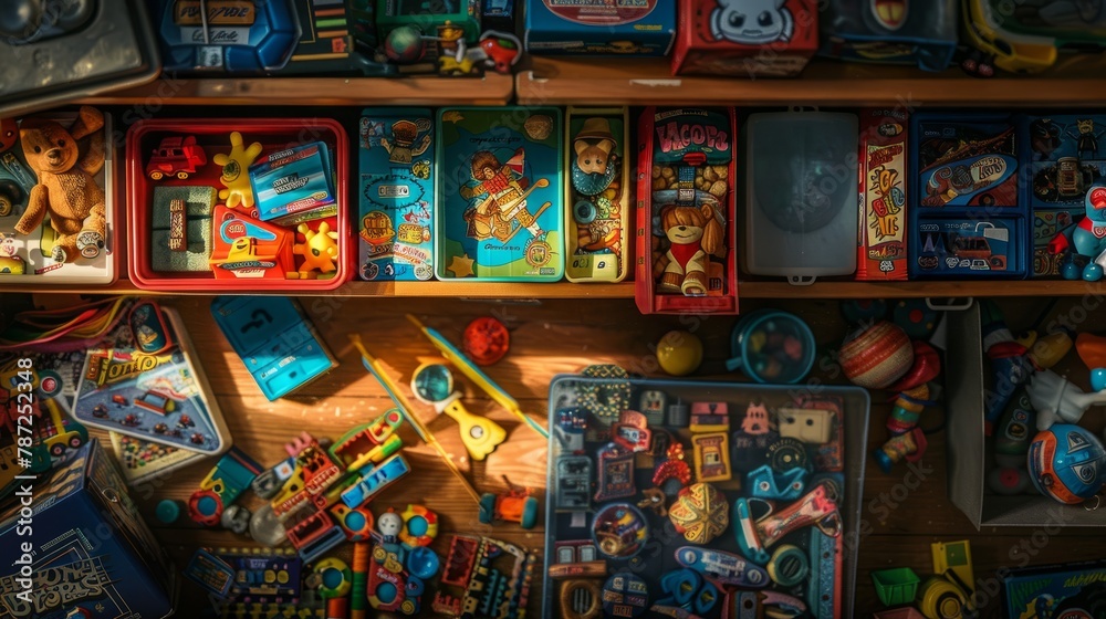 An overhead view of a variety of colorful vintage toys and board games neatly arranged on a shelf