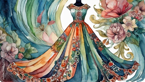 a designed dress with beautiful patterns; in watercolor and hand-painted